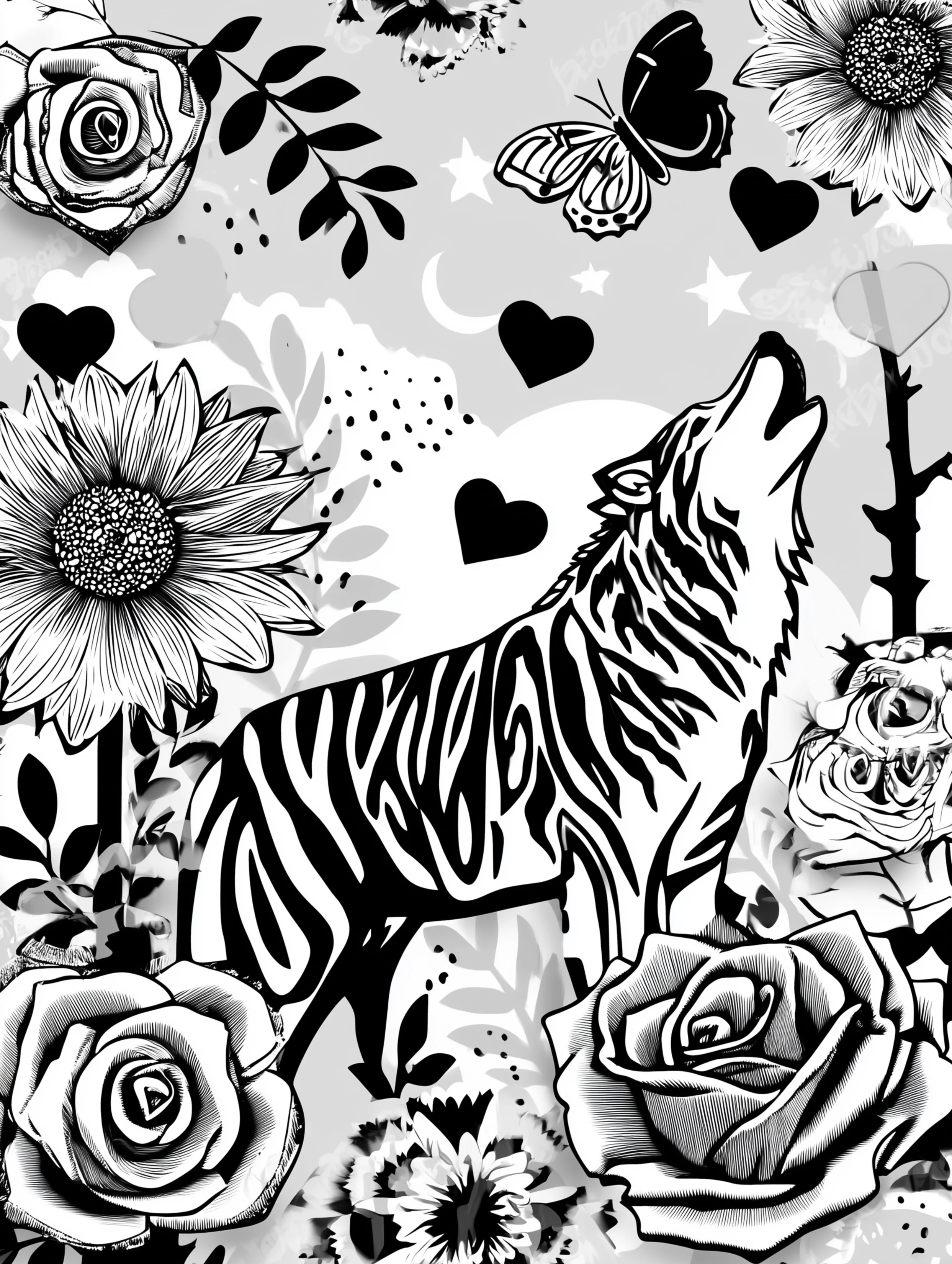 Free printable wolf coloring page for adults featuring a butterfly above a wolf